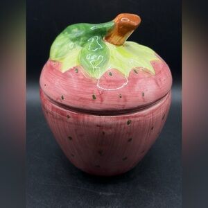 Vintage Hand Painted Ceramic Strawberry Trinket Jar, Lidded Cottagecore Box
